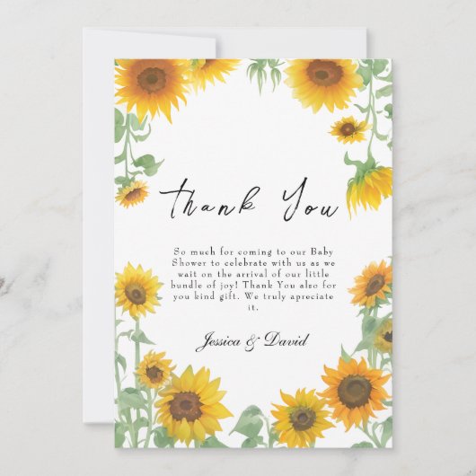 Geel Elegant Zonnebloem Zonnig Baby shower Bedankkaart (Voorkant)