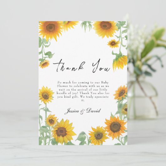 Geel Elegant Zonnebloem Zonnig Baby shower Bedankkaart (Staand voorkant)