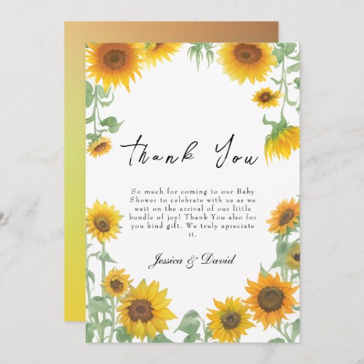 Geel Elegant Zonnebloem Zonnig Baby shower Bedankkaart (Voorkant / Achterkant)