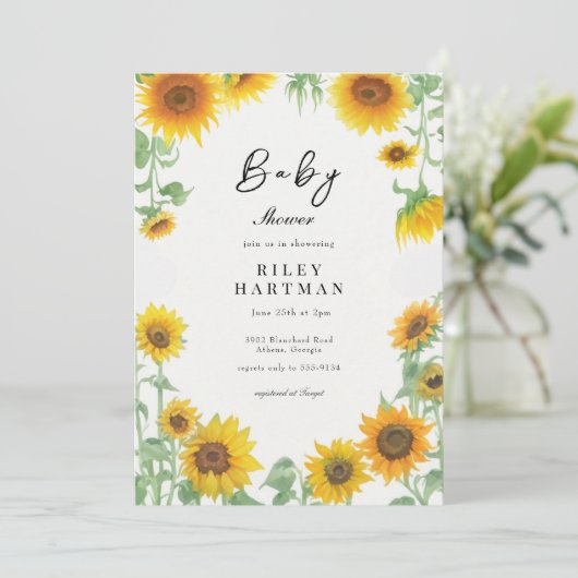 Geel Elegant Zonnebloem Zonnig Baby shower Kaart (Staand voorkant)