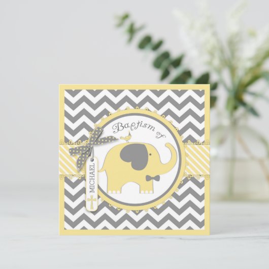 Geel Elephant Bow Stropdas Chevron Print Baptisme Kaart (Staand voorkant)