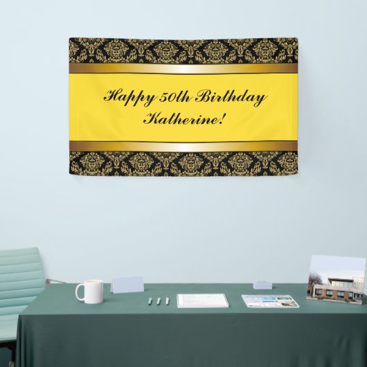 Geel elke leeftijd Gold Damask Birthday Banner (Beurs)