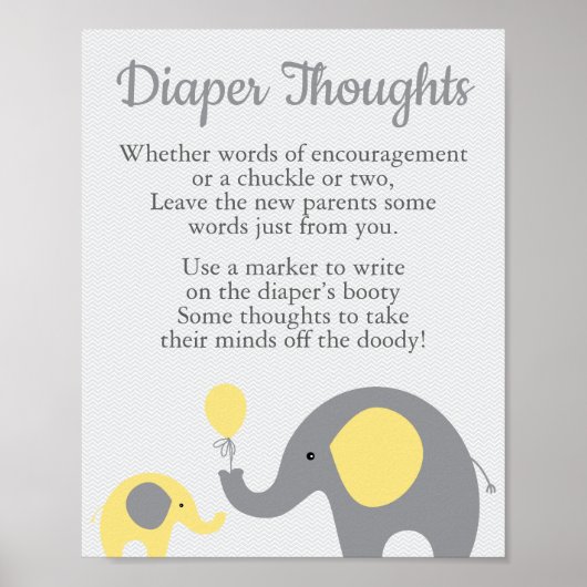 Geel ellefant Baby shower Diaper Thoughts Sign Poster (Voorkant)