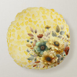 Geel en aardachtig Blooms Waterverf Rond Kussen