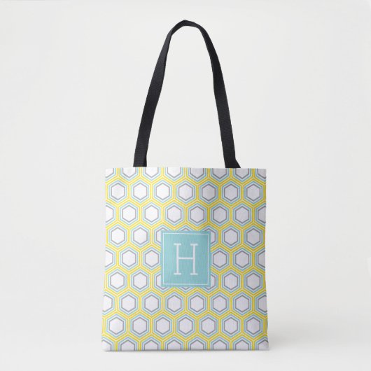 Geel en Aqua Geometrisch Patroon en Monogram Tote Bag (Voorkant)