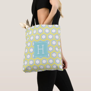 Geel en Aqua Geometrisch Patroon en Monogram Tote Bag