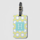 Geel en Aqua Honeycomb Pattern Monogrammed Bagagelabel (Voorkant (verticaal))