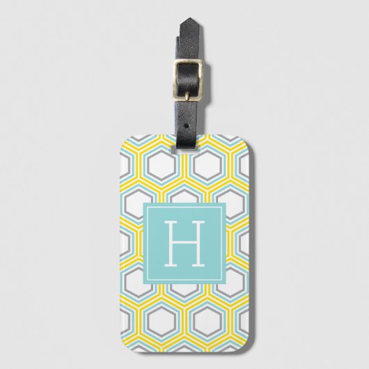 Geel en Aqua Honeycomb Pattern Monogrammed Bagagelabel (Voorkant (verticaal))