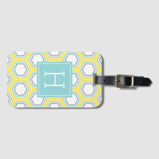 Geel en Aqua Honeycomb Pattern Monogrammed Bagagelabel (Voorkant (horizontaal))
