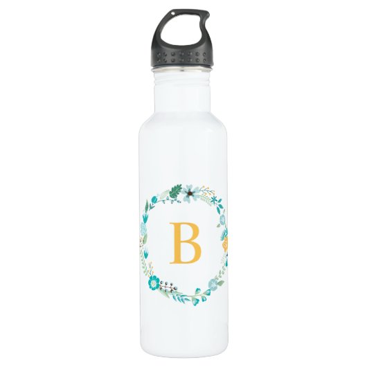 Geel en Aqua Monogram Bloemenkrans Waterfles (Voorkant)