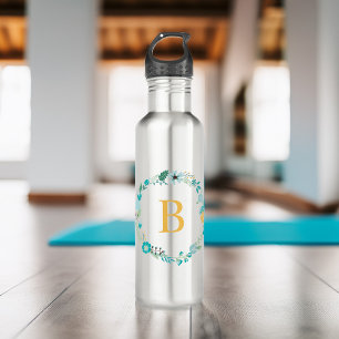 Geel en Aqua Monogram Bloemenkrans Waterfles