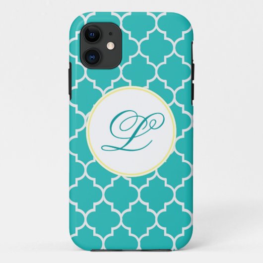 Geel en Aqua Monogram Quatrefoil Case-Mate iPhone Case (Achterkant)