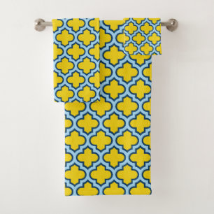 Geel en Baby Blue Trellis, Lattice, Quatrefoil Bad Handdoek