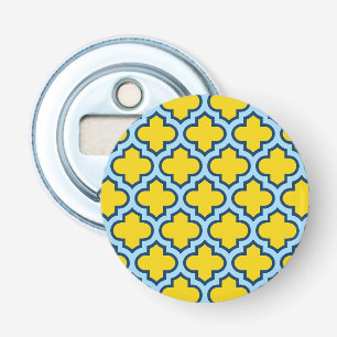 Geel en Baby Blue Trellis, Lattice, Quatrefoil Button Flesopener