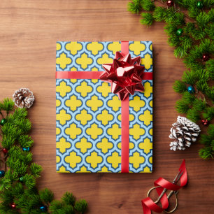 Geel en Baby Blue Trellis, Lattice, Quatrefoil Cadeaupapier