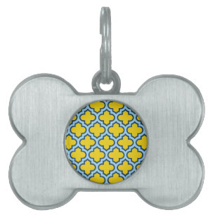 Geel en Baby Blue Trellis, Lattice, Quatrefoil Huisdieren Naamplaatje