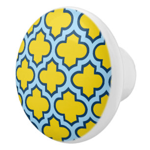 Geel en Baby Blue Trellis, Lattice, Quatrefoil Keramische Knop
