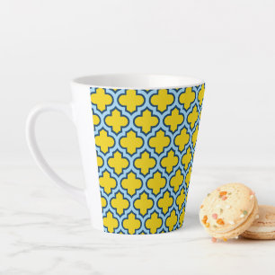 Geel en Baby Blue Trellis, Lattice, Quatrefoil Latte Mok