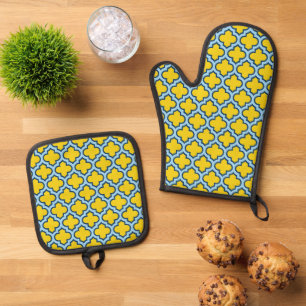 Geel en Baby Blue Trellis, Lattice, Quatrefoil Ovenwant & Pannenlap Set