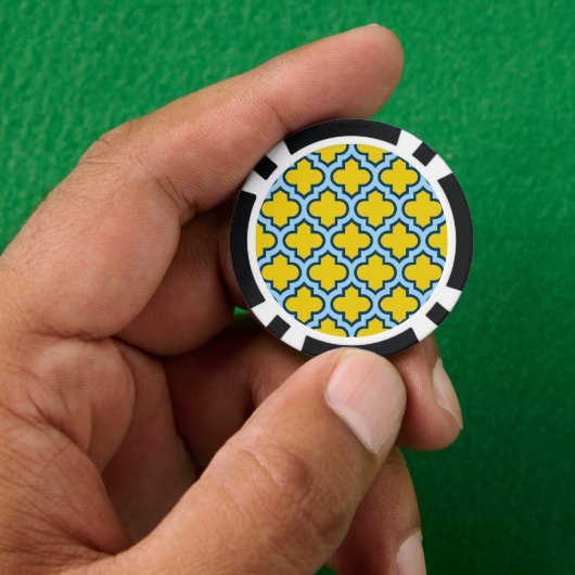 Geel en Baby Blue Trellis, Lattice, Quatrefoil Poker Chips (Hand)