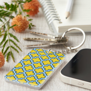 Geel en Baby Blue Trellis, Lattice, Quatrefoil Sleutelhanger