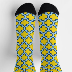 Geel en Baby Blue Trellis, Lattice, Quatrefoil Sokken