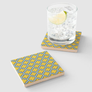 Geel en Baby Blue Trellis, Lattice, Quatrefoil Stenen Onderzetter