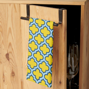 Geel en Baby Blue Trellis, Lattice, Quatrefoil Theedoek