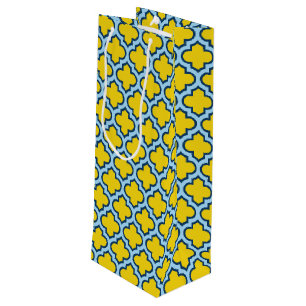 Geel en Baby Blue Trellis, Lattice, Quatrefoil Wijn Cadeautas