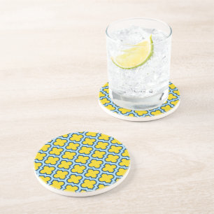 Geel en Baby Blue Trellis, Lattice, Quatrefoil Zandsteen Onderzetter