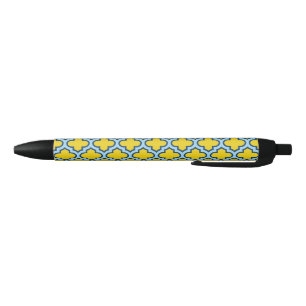 Geel en Baby Blue Trellis, Lattice, Quatrefoil Zwarte Inkt Pen