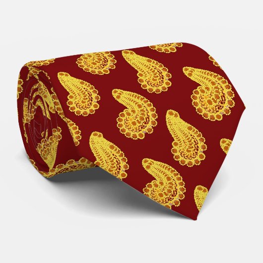 Geel en baksteenrood paisley stropdas (Opgerold)