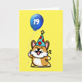 Geel en blauw ballon Corgi 19th Birthday Kaart (Voorkant)