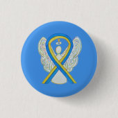 Geel en blauw bewustzijn Ribbon Angel Pin Button (Voorkant)
