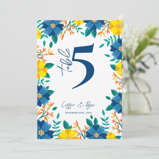 Geel en Blauw Bloem Nummer Tafel voor Huwelijksfee Bedankkaart (Staand voorkant)