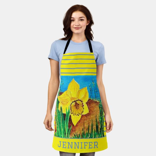 Geel en Blauw Bloemen All-Over Print Schort (Gedragen)