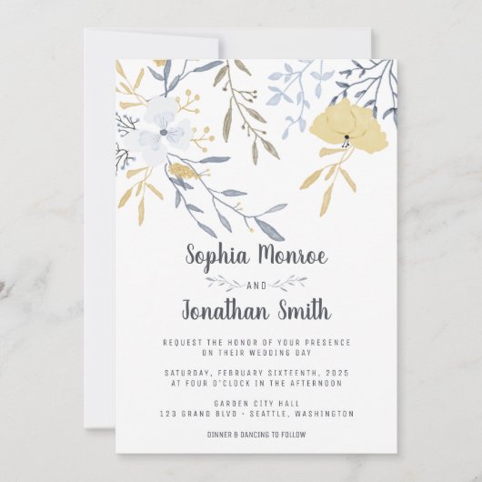 Geel en Blauw Bloemen Branches Huwelijk Kaart (Voorkant)