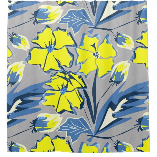 Geel en blauw bloemen met enkels. douchegordijn (Voorkant)