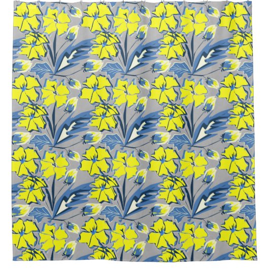 Geel en blauw bloemen met sparken. douchegordijn (Voorkant)