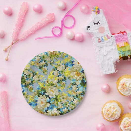 geel en blauw bloemenpatroon papieren bordje (Feest)