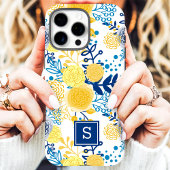 Geel en Blauw Bloemig Monogram Initiaal Case-Mate iPhone Case
