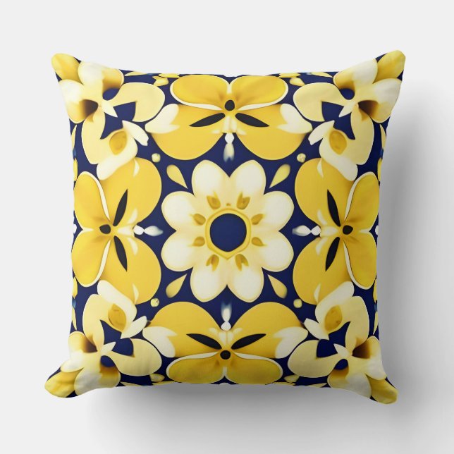 Geel en Blauw Bloemmotief Kussen (Voorkant)