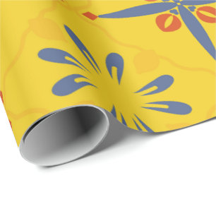 Geel en blauw bloemtegelpatroon met symmetrie cadeaupapier