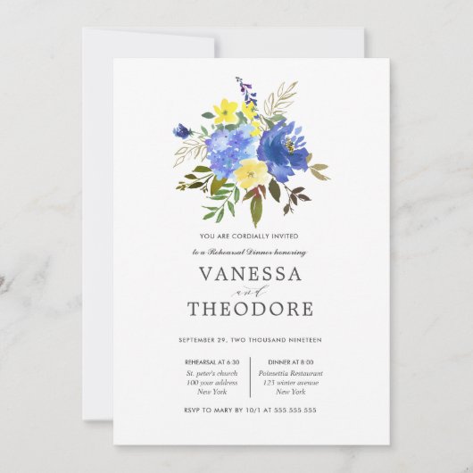 Geel en blauw Bouquet Wedding Rehearsal Kaart (Voorkant)