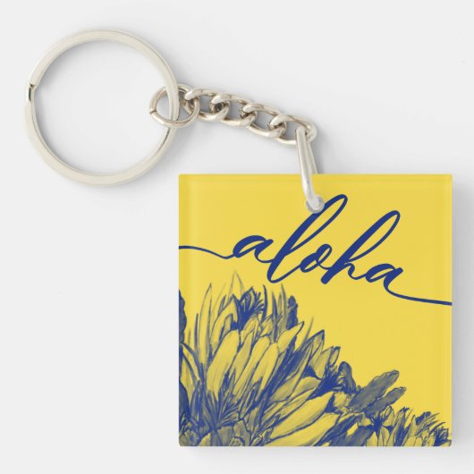 Geel en blauw Cereus Aloha Square Sleutelhanger Mi (Voorkant)