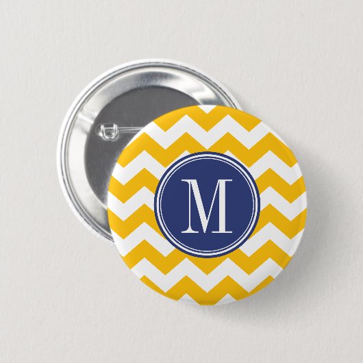 Geel en blauw Chevron Patroon met Monogram Ronde Button 5,7 Cm (Voorkant /achterkant)