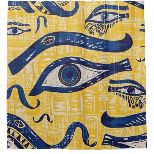 Geel en Blauw Egyptisch Patroon - Oog van Horus Douchegordijn (Voorkant)