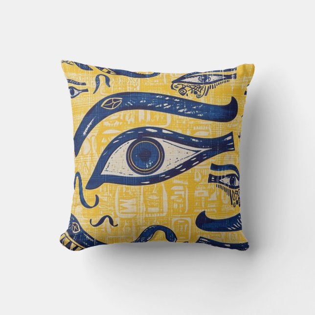 Geel en Blauw Egyptisch Patroon - Oog van Horus Kussen (Voorkant)