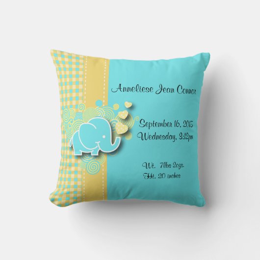 Geel en blauw Geplepeerd Baby Elephant Nursery The Kussen (Voorkant)