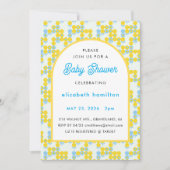 Geel en blauw gestippelde moderne babyshower uitno kaart (Voorkant)